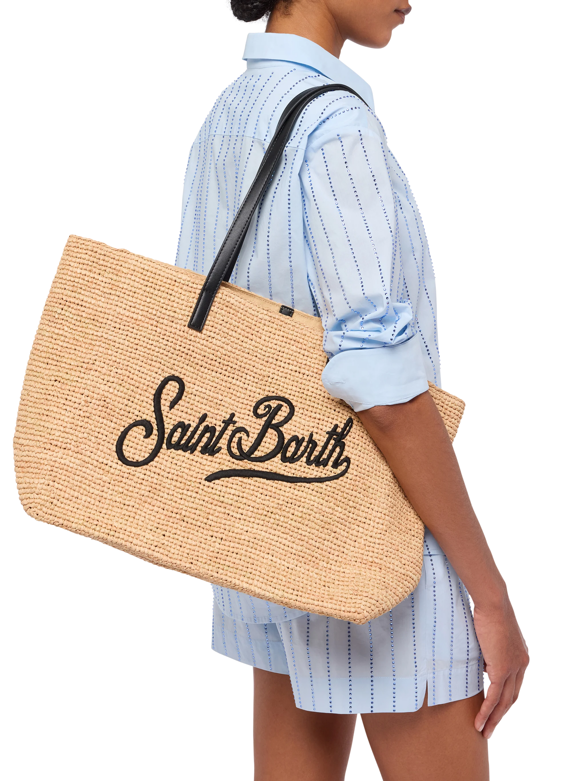 Beige Raffia City bag with Saint Barth embroidered logo - MC2 Saint Barth