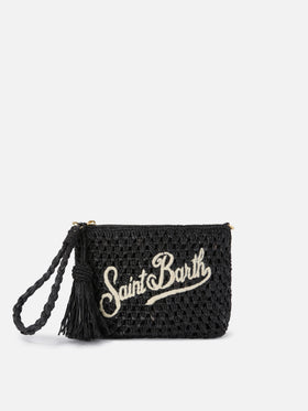 Black Raffia pouch with embroidered logo