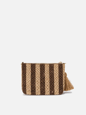 Gestreifte Raffia-Pouch mit gesticktem Logo 