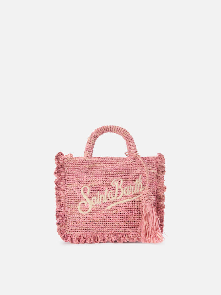 Borsa Volant Mini in raffia rosa con logo ricamato