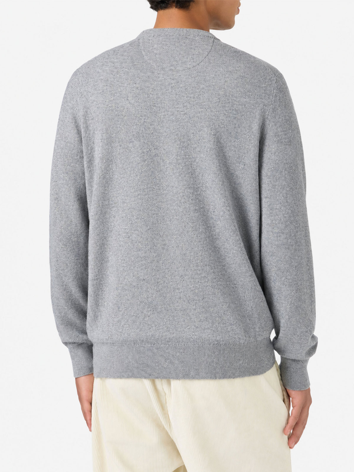Grey melange Regent crewneck sweater with tartan trim
