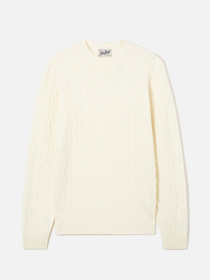 Jersey de cuello redondo Regent de lana color off white con punto trenzado 