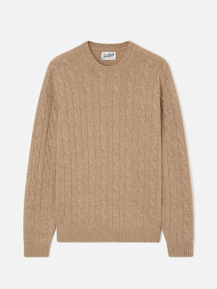 Maglia girocollo Regent khaki in lana con lavorazione a trecce