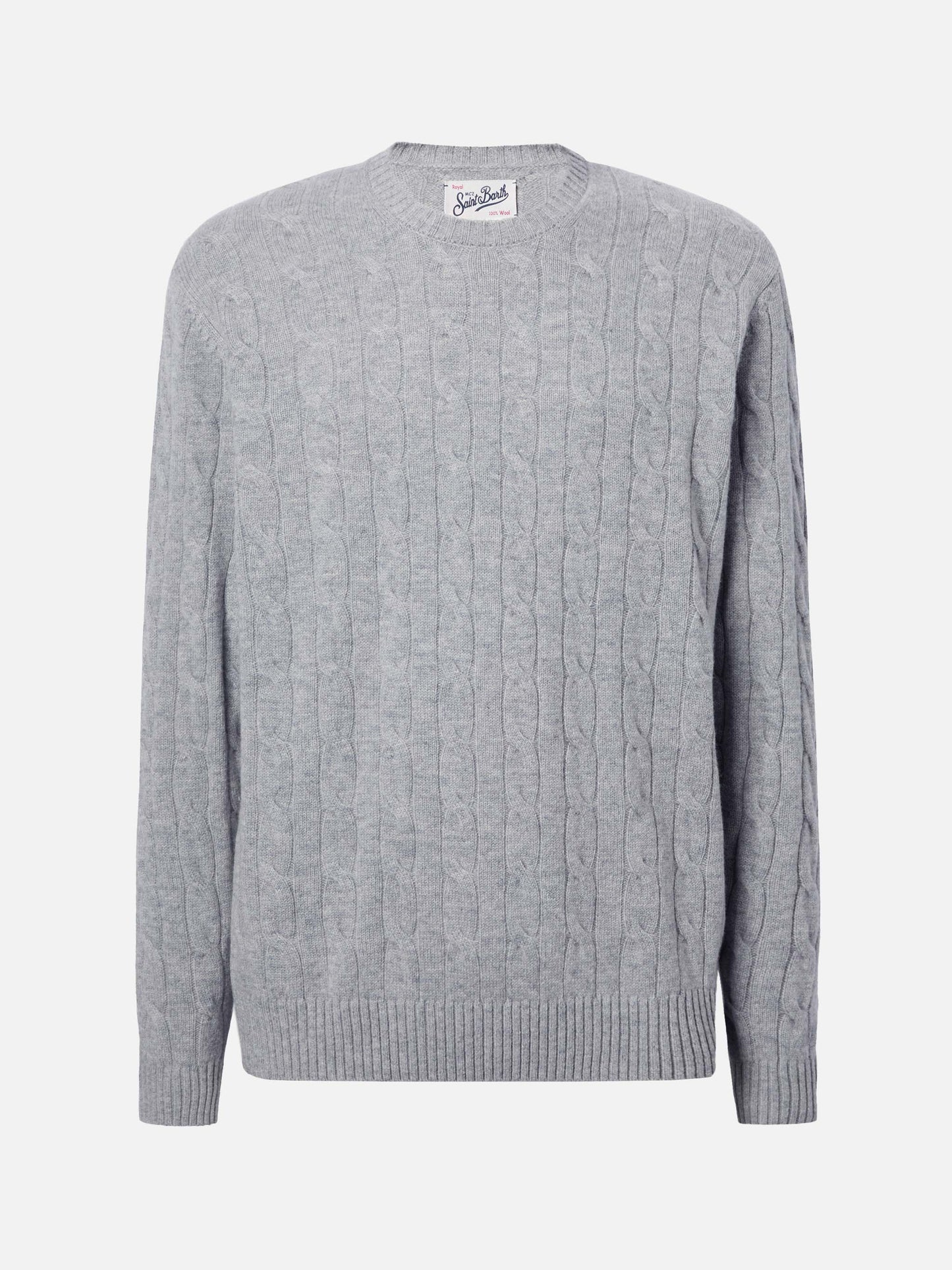Crewneck cable-knit sweater Regent in grey melange 100% WOOL