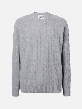 Crewneck cable-knit sweater Regent in grey melange 100% WOOL