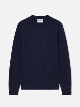 Marineblauer blue Regent Woll-Rundhalspullover mit Zopfmuster 