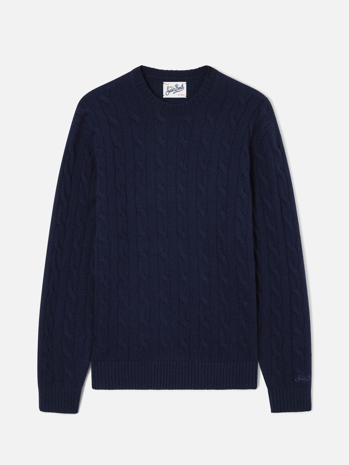 Pull à col rond Regent en laine blue bleu marine avec maille torsadée 