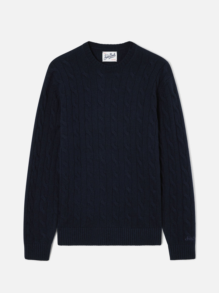 Pull à col rond Regent en laine blue bleu marine avec maille torsadée 