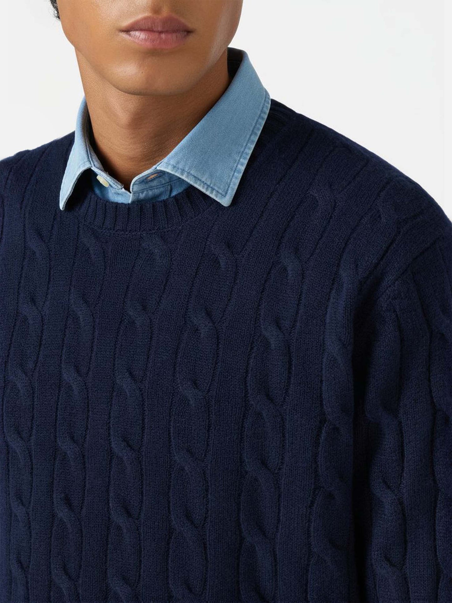 Crewneck cable-knit sweater Regent in 100% navy WOOL