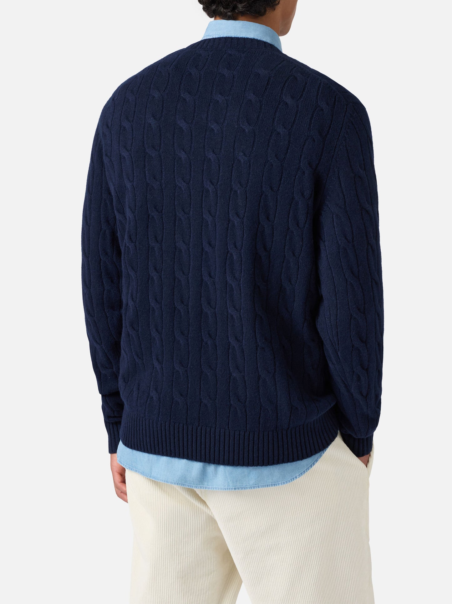 Crewneck cable-knit sweater Regent in 100% navy WOOL