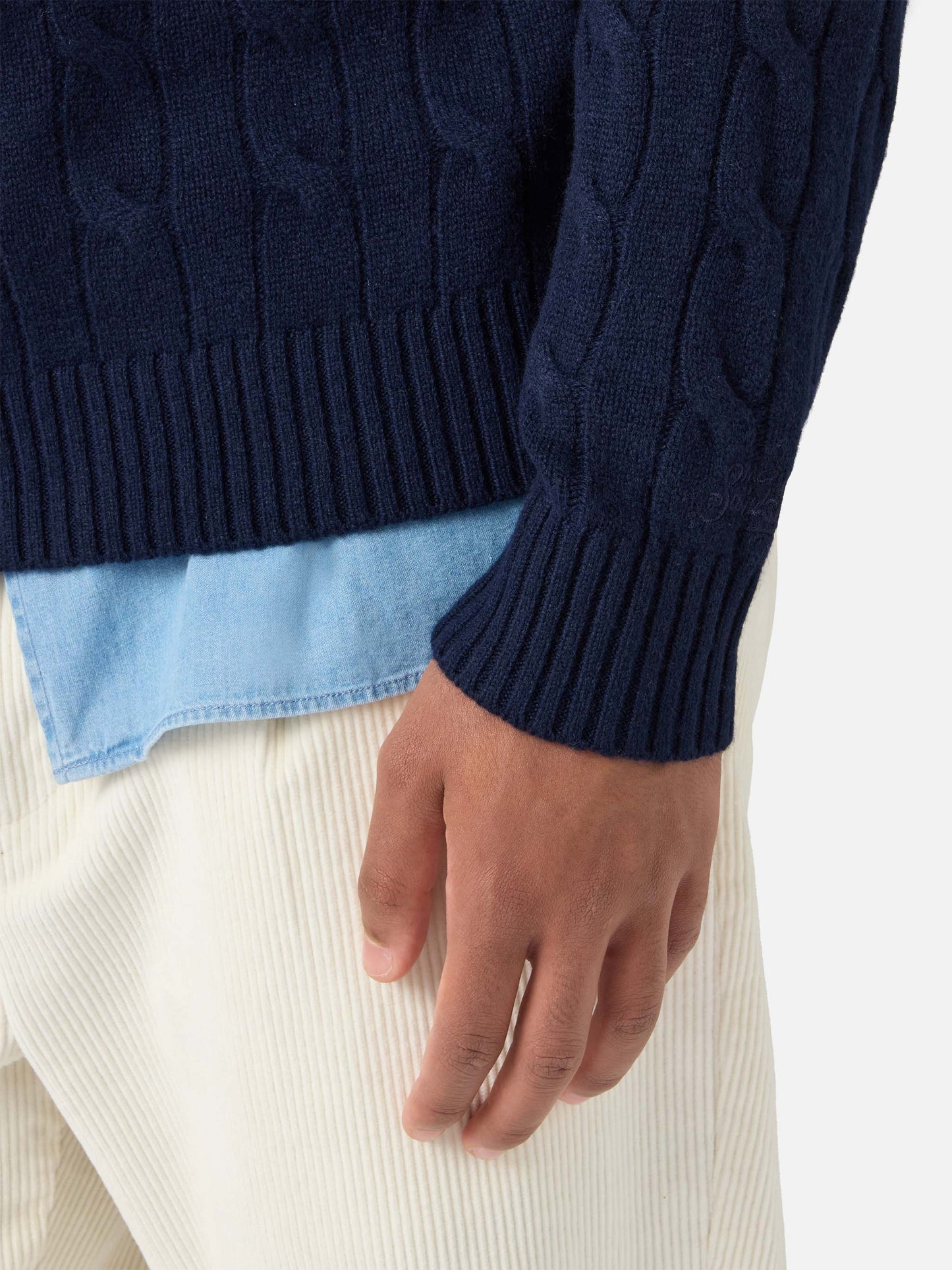 Crewneck cable-knit sweater Regent in 100% navy WOOL