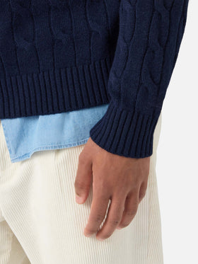 Crewneck cable-knit sweater Regent in 100% navy WOOL