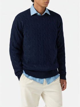 Crewneck cable-knit sweater Regent in 100% navy WOOL