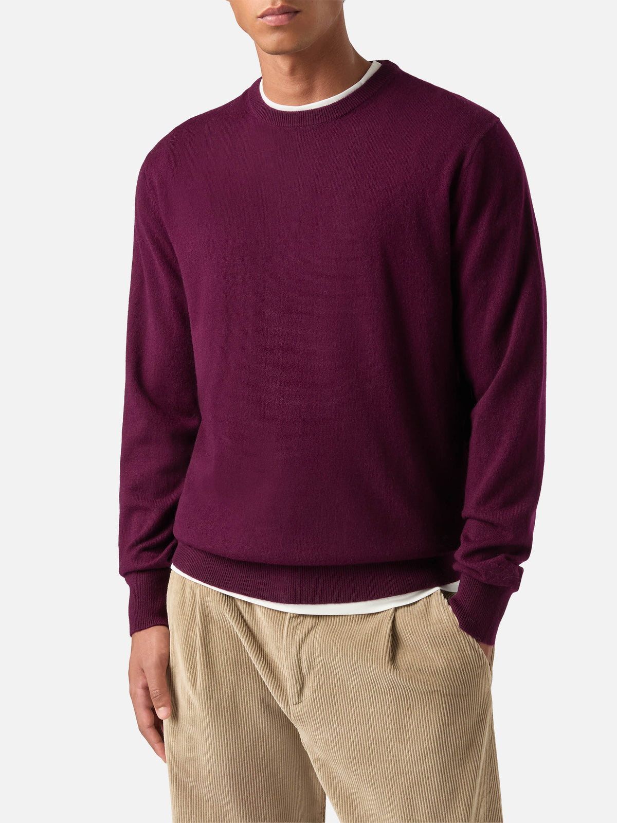 Jersey de cuello redondo Burgundy Regent en mezcla de lana merino y cachemira 