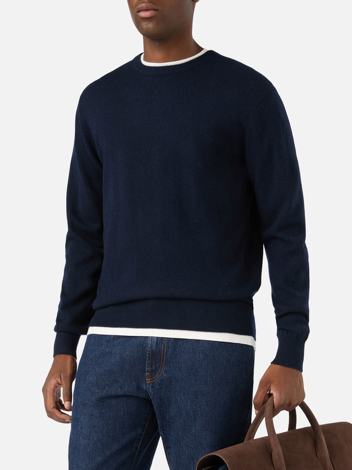 Navy blue Regent Rundhalspullover aus Merinowolle und Kaschmirmischung 