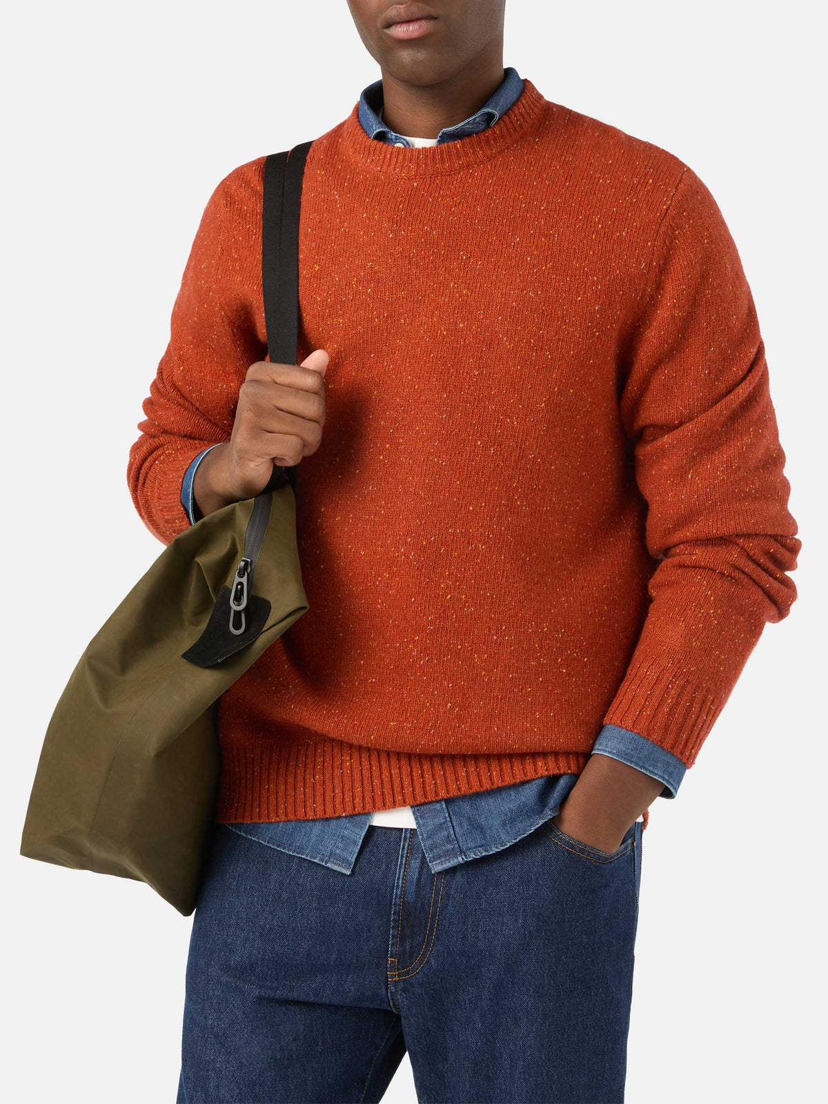 Maglia girocollo Regent arancione in misto lana Donegal