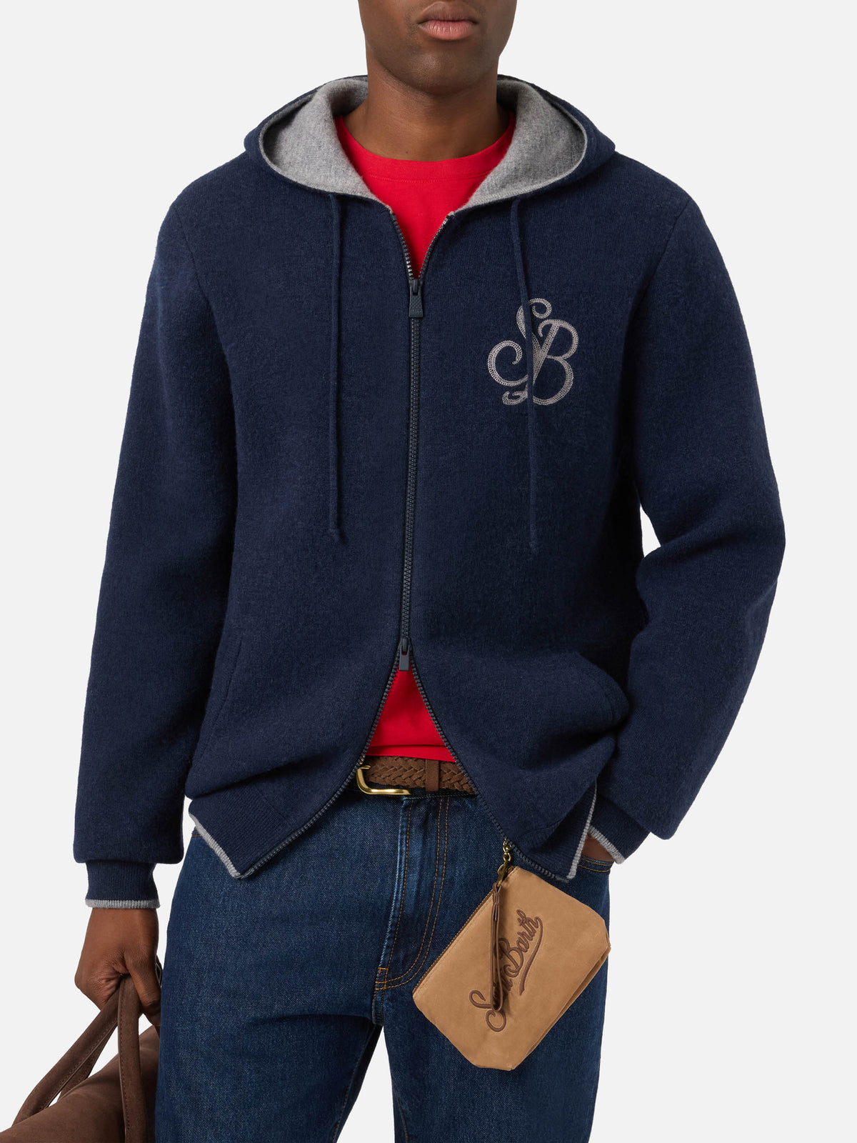 Navy blue Ridge wool hooded knit with SB Legacy monogram