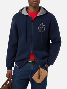 Navy blue Ridge wool hooded knit with SB Legacy monogram