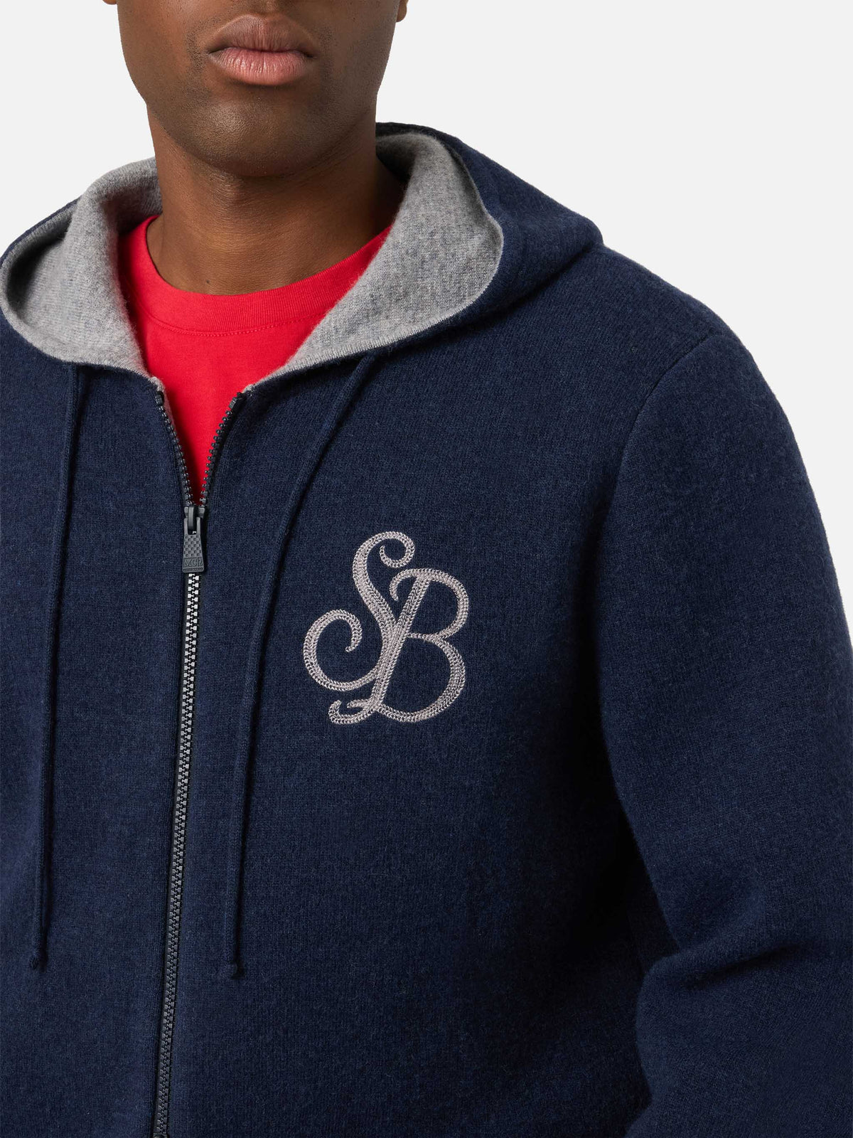 Navy blue Ridge wool hooded knit with SB Legacy monogram