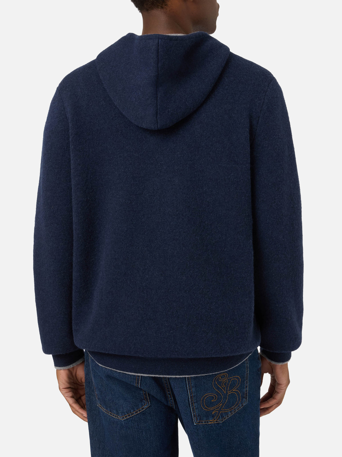 Navy blue Ridge wool hooded knit with SB Legacy monogram