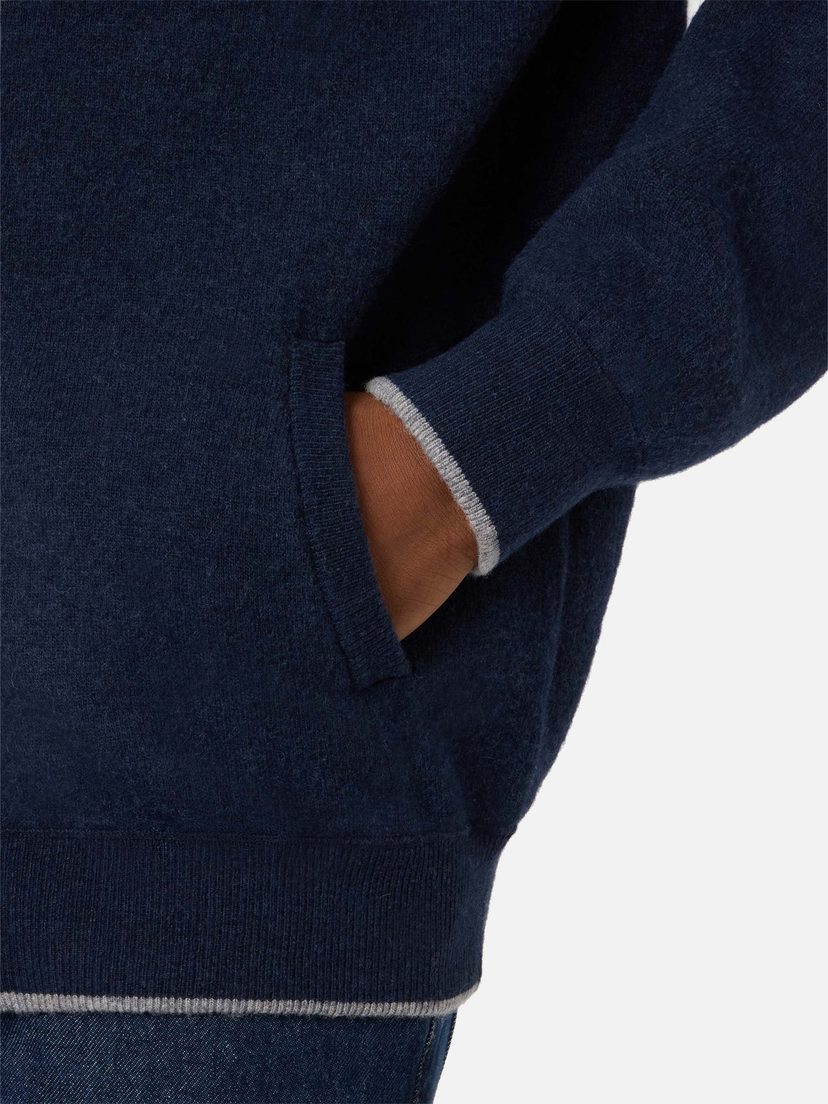 Navy blue Ridge wool hooded knit with SB Legacy monogram