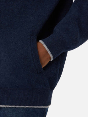 Navy blue Ridge wool hooded knit with SB Legacy monogram
