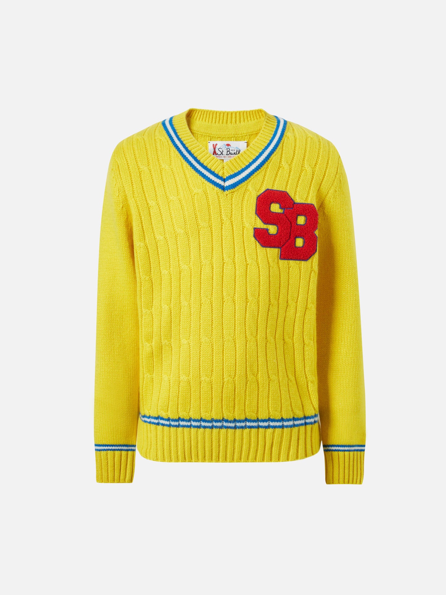 Maglione a trecce con scollo a V Roger Jr con patch SB