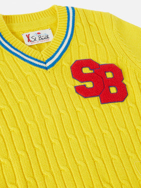 Maglione a trecce con scollo a V Roger Jr con patch SB