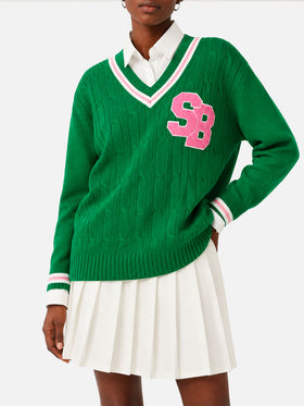 Pull Roger vert tressé à col en V 