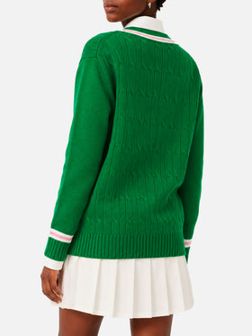 Pull Roger vert tressé à col en V 