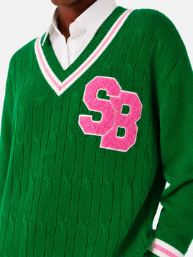 Pull Roger vert tressé à col en V 