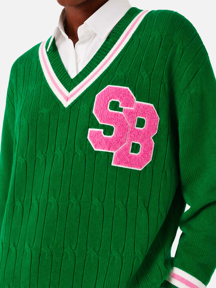 Suéter Roger trenzado verde con cuello de pico 