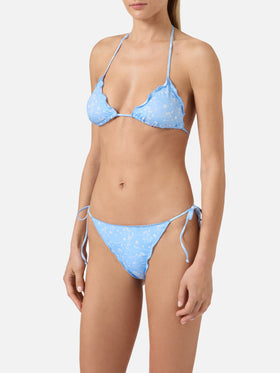 Bikini Sagitami triangolo azzurro con micro stampa tropicale all-over