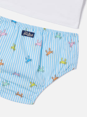 Set Samy t-shirt con taschino e copri pannolino a righe con stampa granchietti