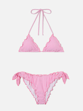 Bikini Sarius triangle in white and pink striped seersucker