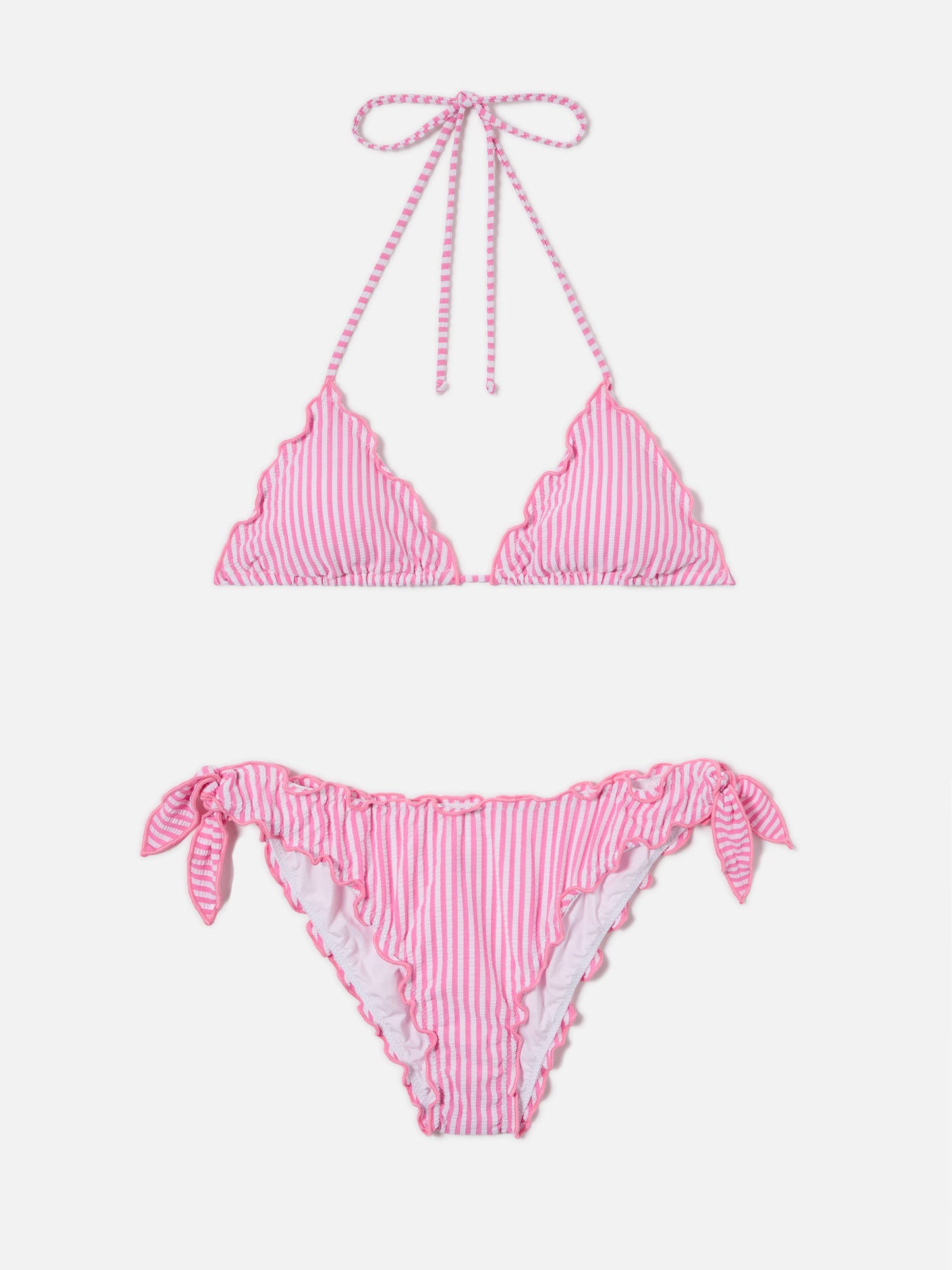 Bikini triangle Sarius en seersucker rayé blanc et rose 