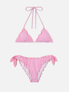 Bikini triangle Sarius en seersucker rayé blanc et rose 