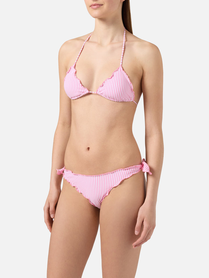 Bikini Sarius triangle in white and pink striped seersucker