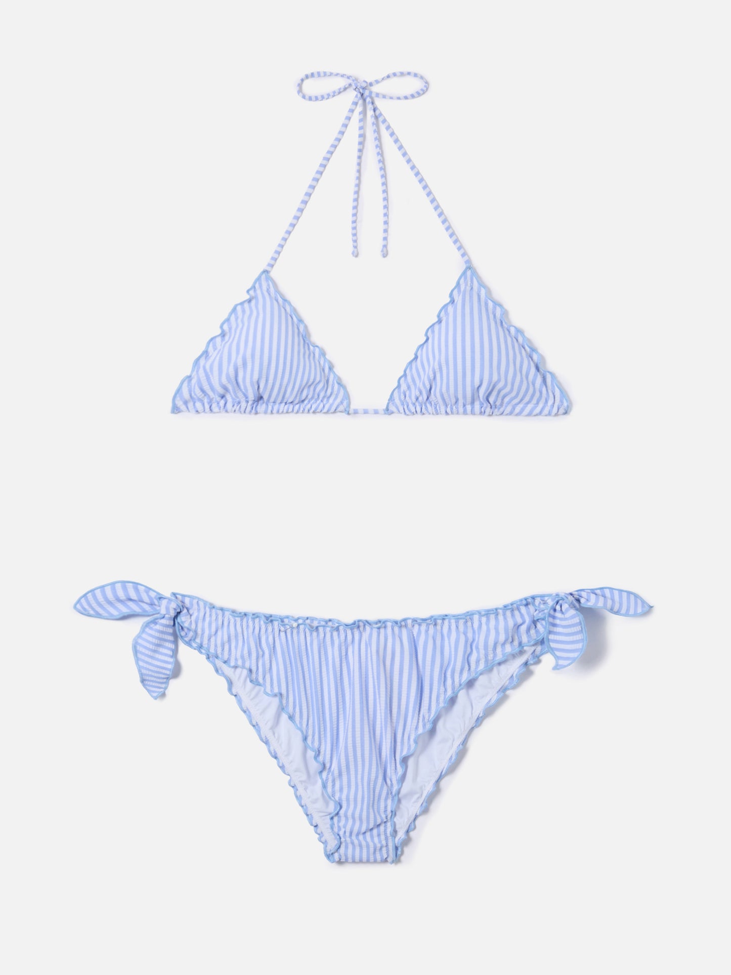 Bikini Sarius triangle in white and light blue striped seersucker