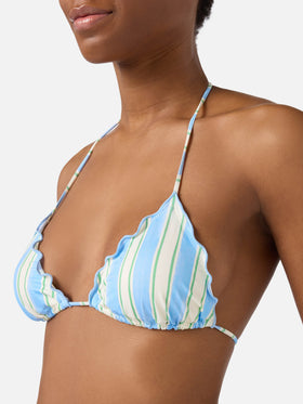 Bikini Sarius triangle with vertical white and light blue stripes