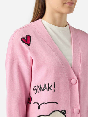 Cardigan Sasi in misto cashmere rosa con jacquard Snoopy | PEANUTS SPECIAL EDITION