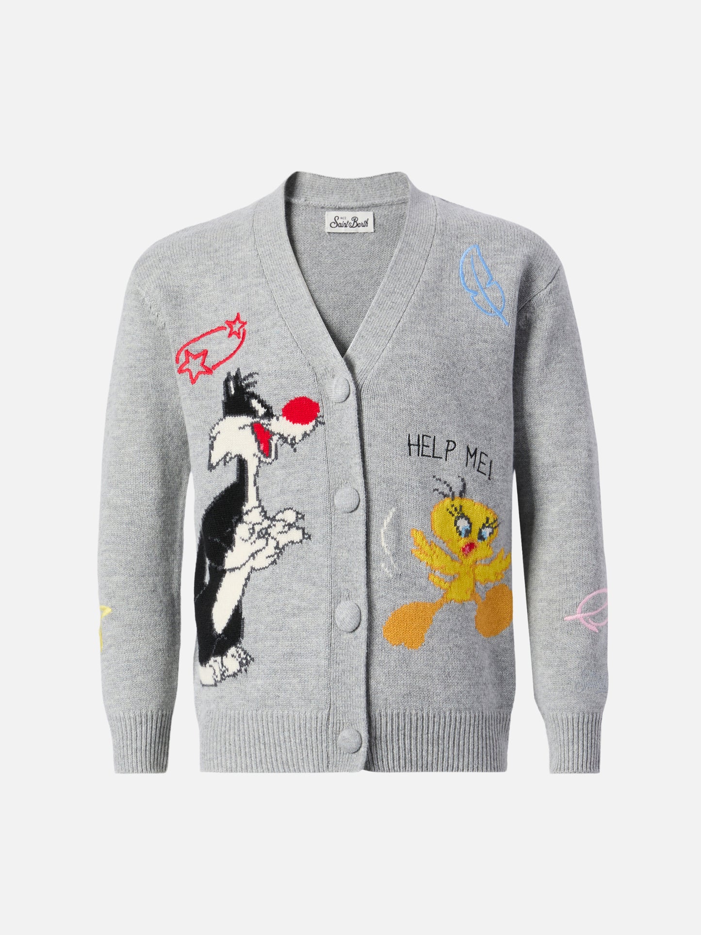 Sasi Jr. Kaschmir-Strickjacke mit V-Ausschnitt und Tweety- und Sylvester-Jacquardmuster | WARNER BROS SPECIAL EDITION