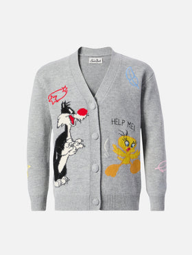 Sasi Jr. Kaschmir-Strickjacke mit V-Ausschnitt und Tweety- und Sylvester-Jacquardmuster | WARNER BROS SPECIAL EDITION