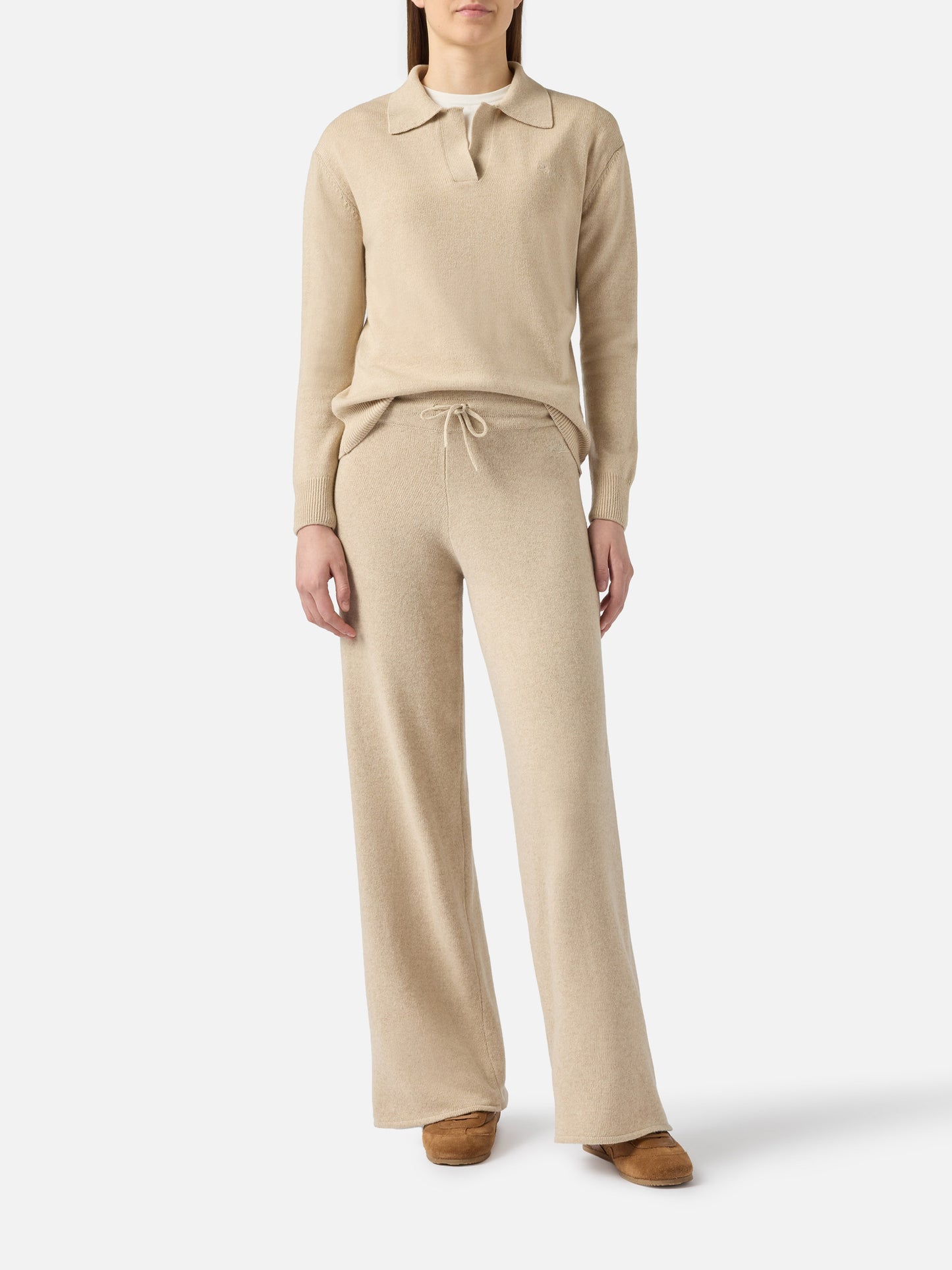 Pantalone a palazzo beige in maglia