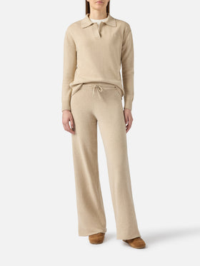 Pantalone a palazzo beige in maglia