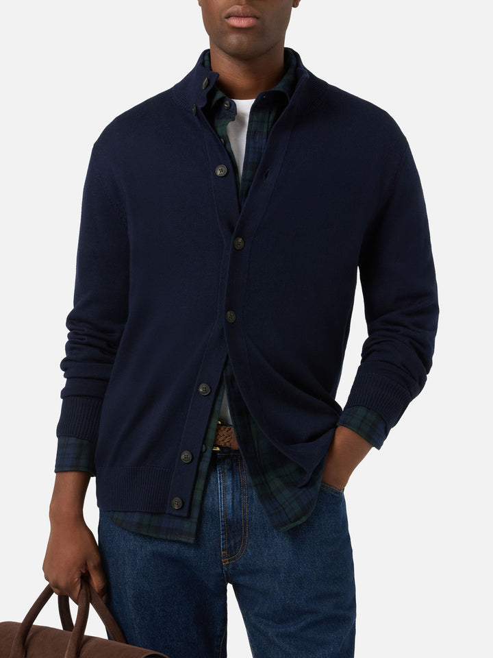 Cardigan Savile blu navy in lana merino con collo alto