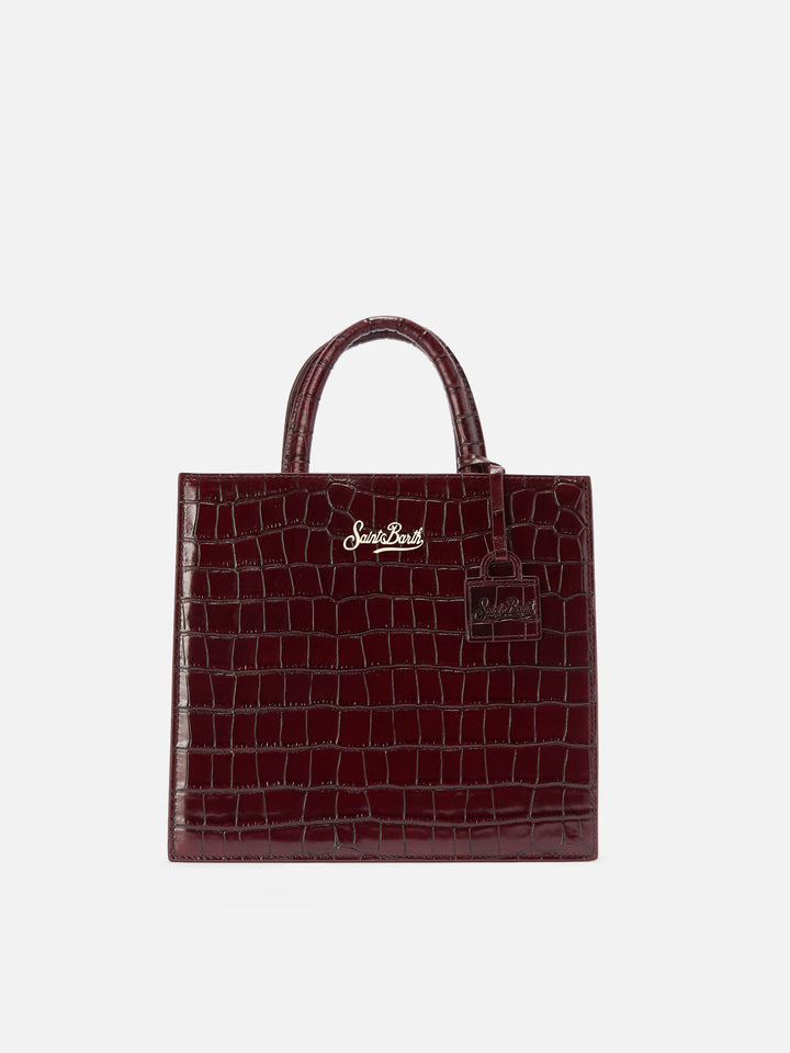 Cabas Medium Bordeaux en cuir imprimé croco avec logo lettré 
