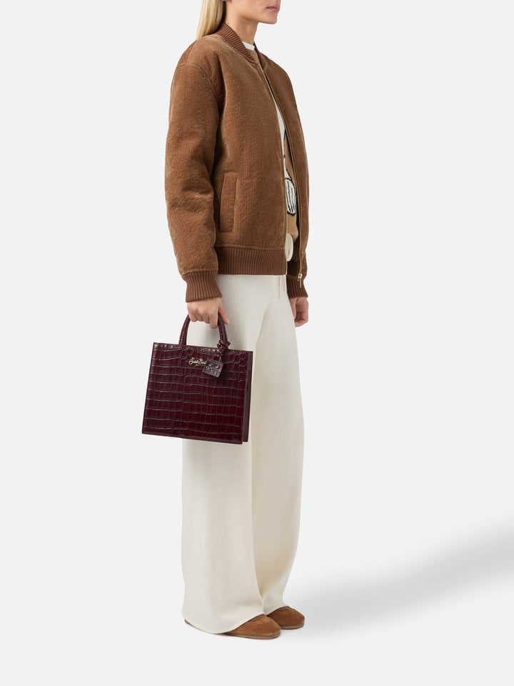 Cabas Medium Bordeaux en cuir imprimé croco avec logo lettré 