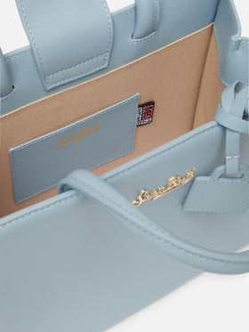 Structured Shop Midi bag in light blue smooth leather with metal tag