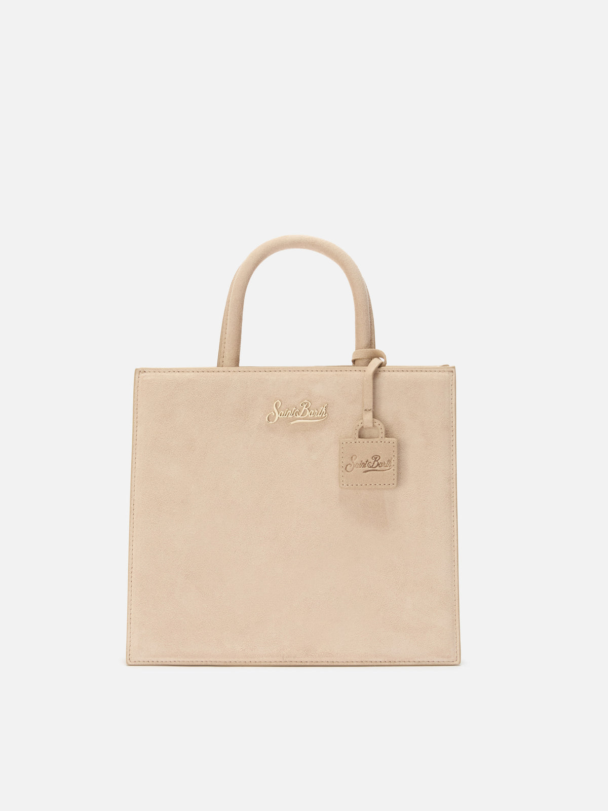 Beige Medium Shopper-Bag aus Wildleder mit Logo-Plakette aus Metall 